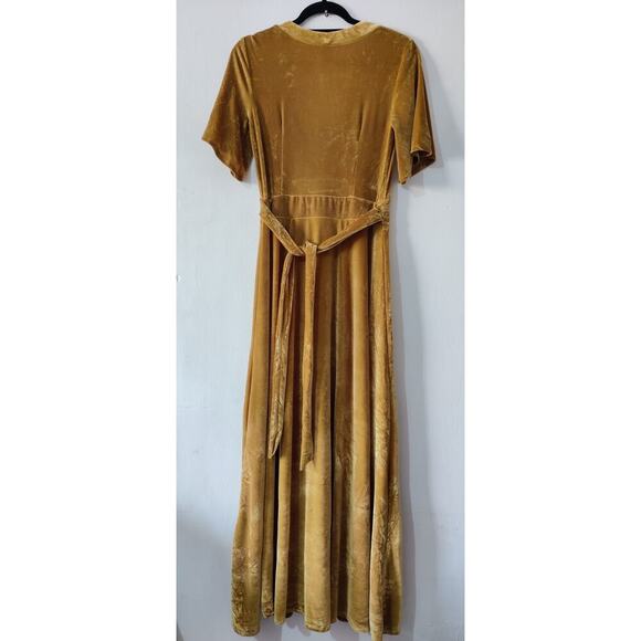 L&B Velvet Gold Mustard V-Neck Maxi Dress Size S Side Slit Belted - Picture 5 of 7